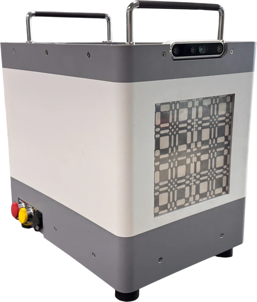 The RadLens C1 instrument: a portable enclosure with carry handles, a coded aperture mask and a depth camera.